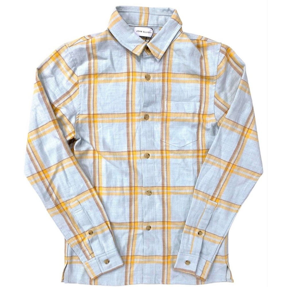 John Elliott Men's Sly Plaid Flannel Straight Hem Button Up Shirt in 0/X-Small